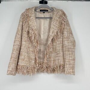 BOSTON PROPER Tweed Fringe Blazer Jacket Women's‎ Size 8 Gold Pink Sequin Glam